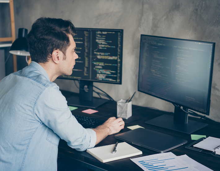 Focused IT guy specialist operations system integration analytics