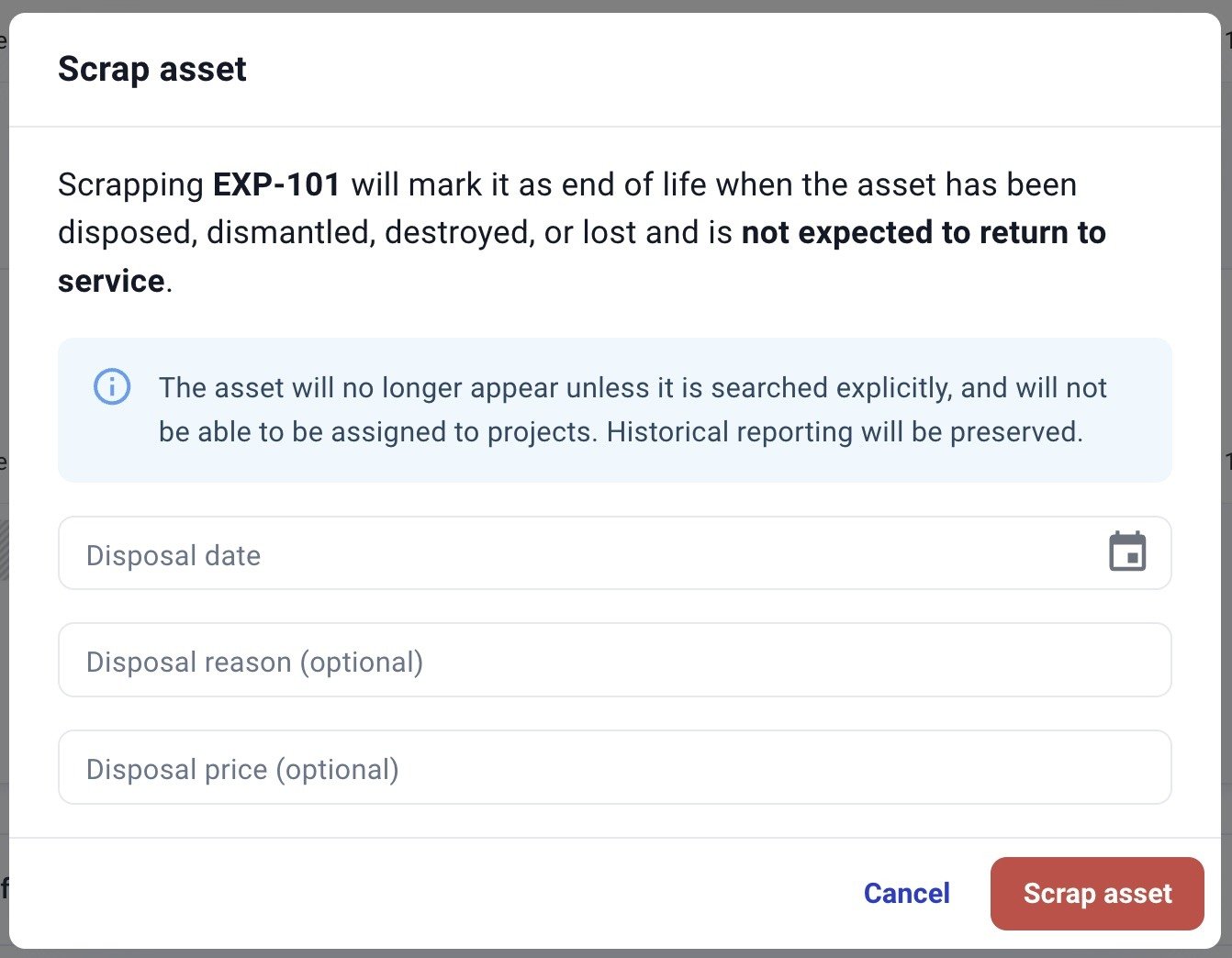 Hardfin scrap asset modal expansion