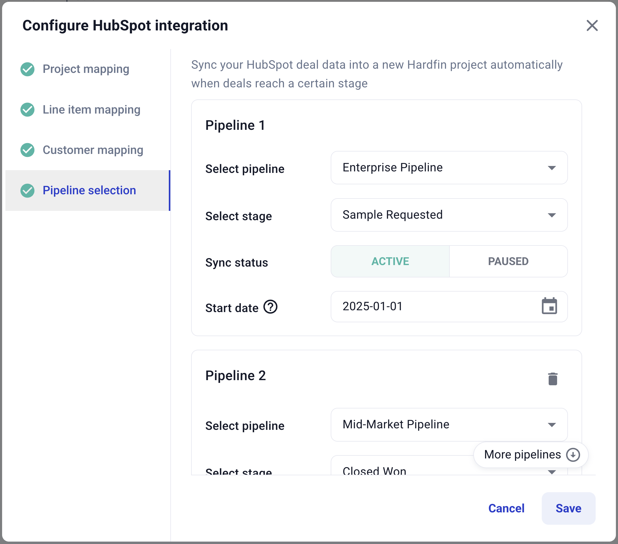 Hardfin HubSpot multi-pipeline selection window