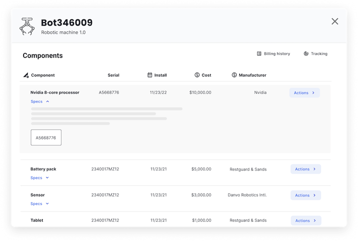 Hardfin hardware-as-a-service (HaaS) device component tracking records