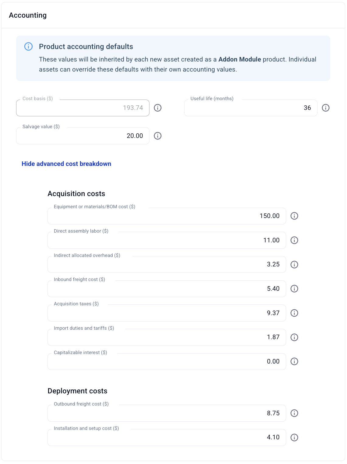 Hardfin product-level accounting defaults