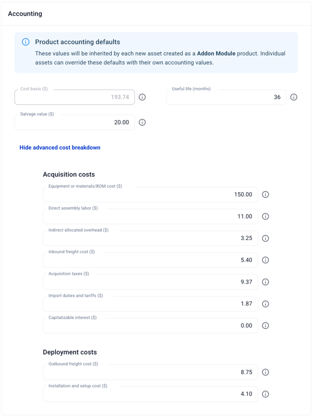 Hardfin product-level accounting defaults