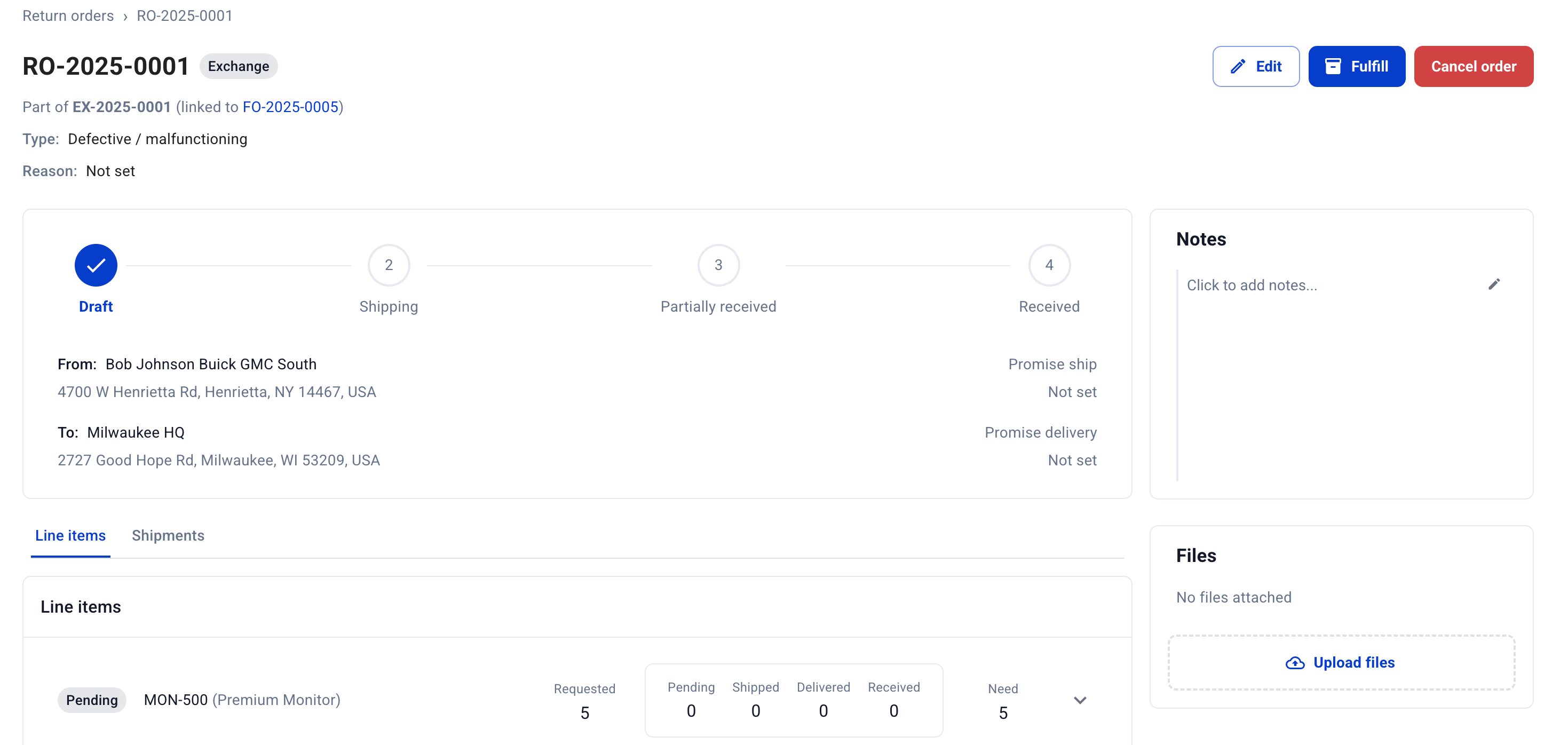 Hardfin return order details page example