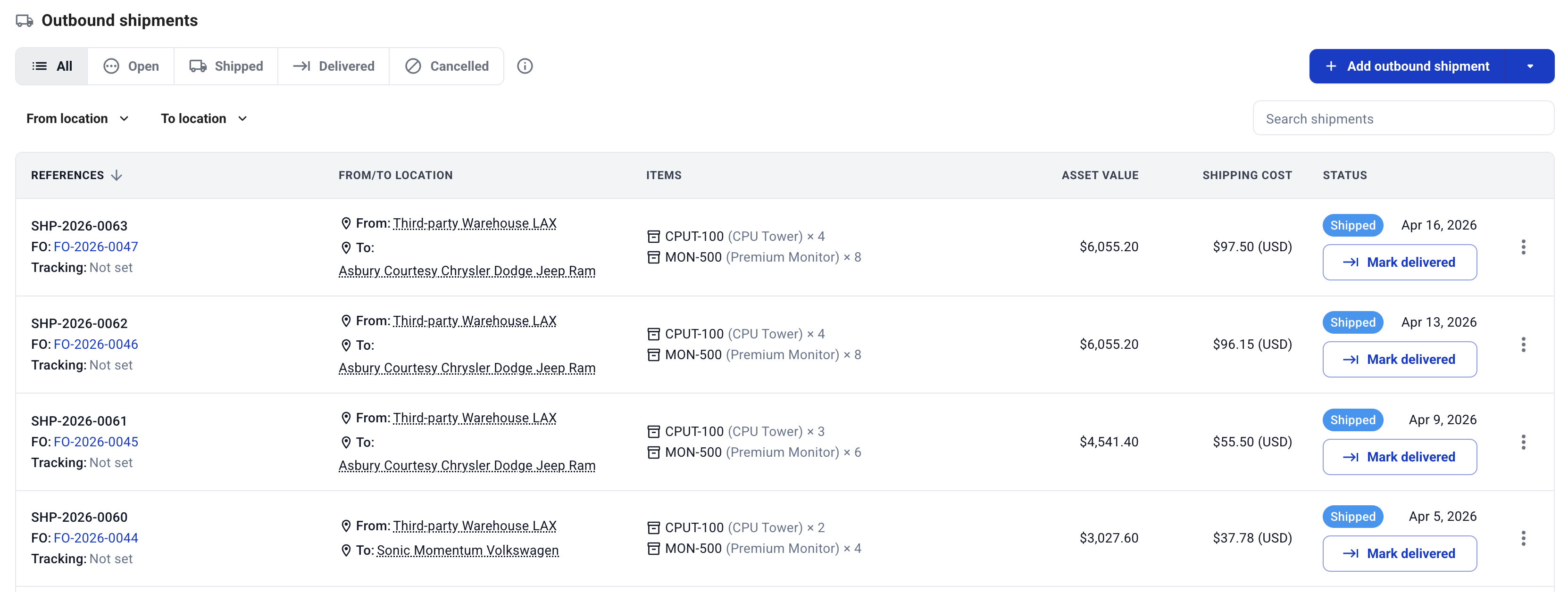 Hardfin shipping cost tracking