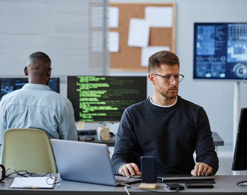 Young business analysts using computer to review data